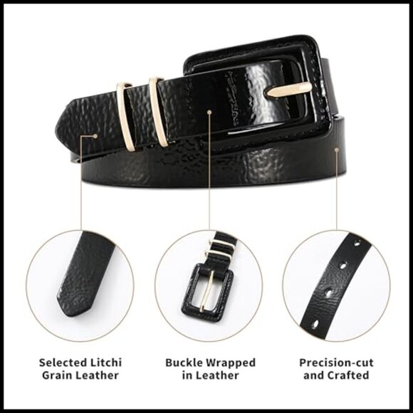 Patent Leather Belt with Square Buckle Gold Accents Adjustable Waist main image 2